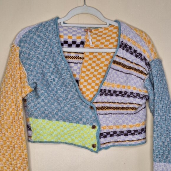 Free People Mixed Print Pieced Ready Set Go Colorful Women's Sweater Cardigan - Picture 4 of 10